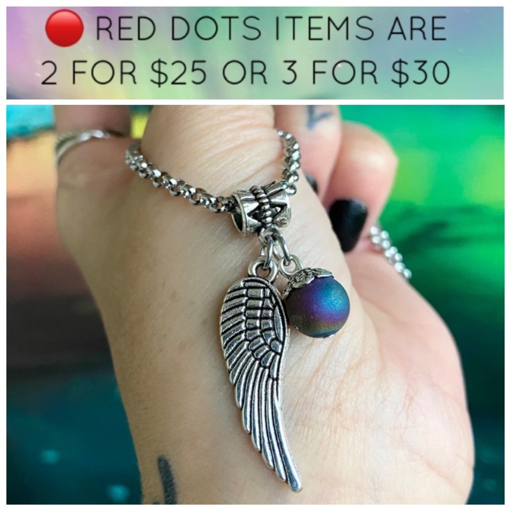 🔴Stainless steel chain angel wing & purple druzy
